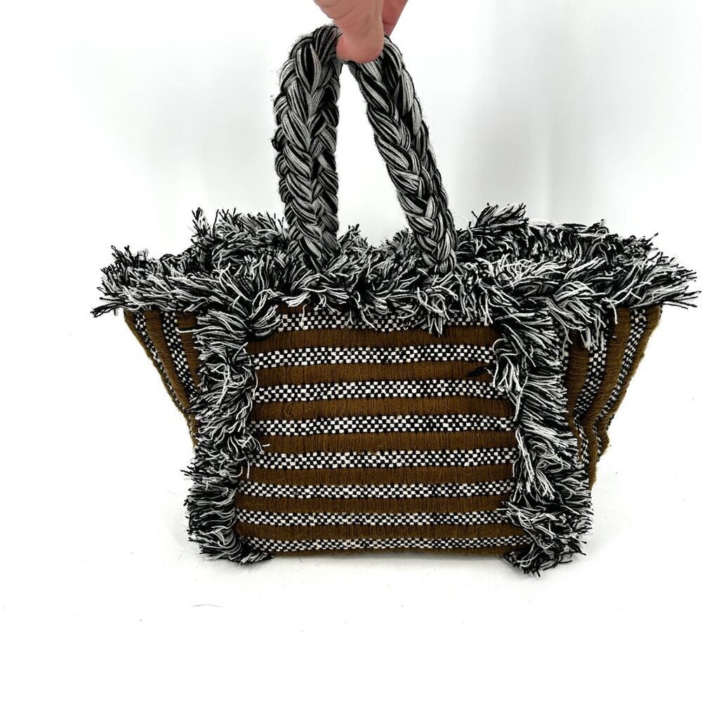 ANTHROPOLOGIE Olive Green White Black Gabi Braided Fringe Boho Festival Tote Bag - Picture 2 of 9